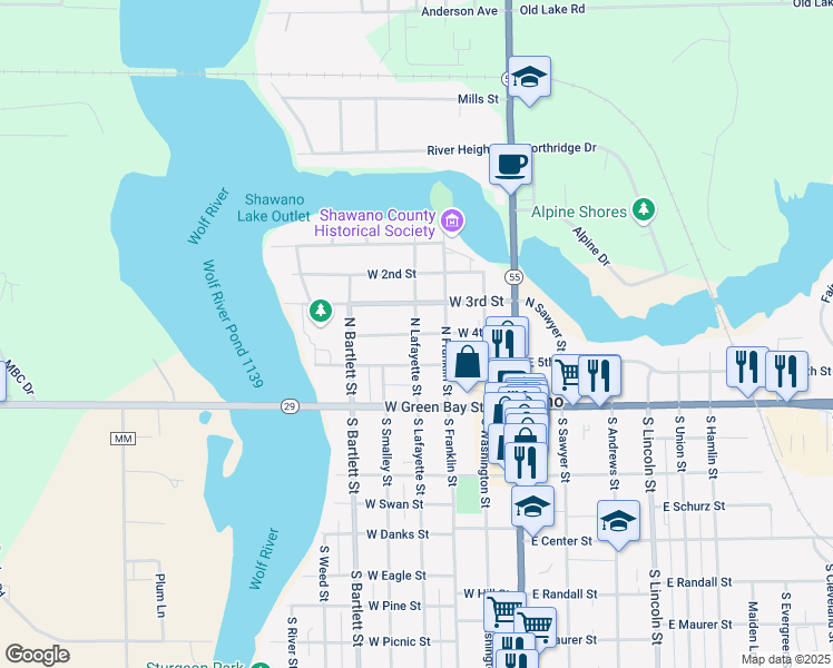 map of restaurants, bars, coffee shops, grocery stores, and more near 301 North Lafayette Street in Shawano