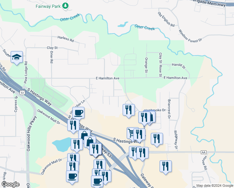 map of restaurants, bars, coffee shops, grocery stores, and more near 4810 Southridge Court in Eau Claire