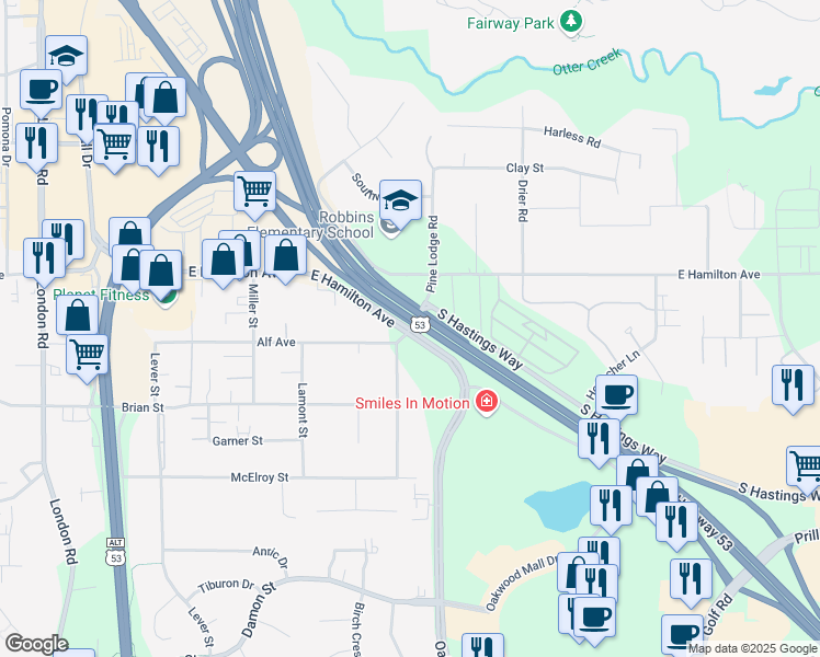 map of restaurants, bars, coffee shops, grocery stores, and more near 3832 East Hamilton Avenue in Eau Claire