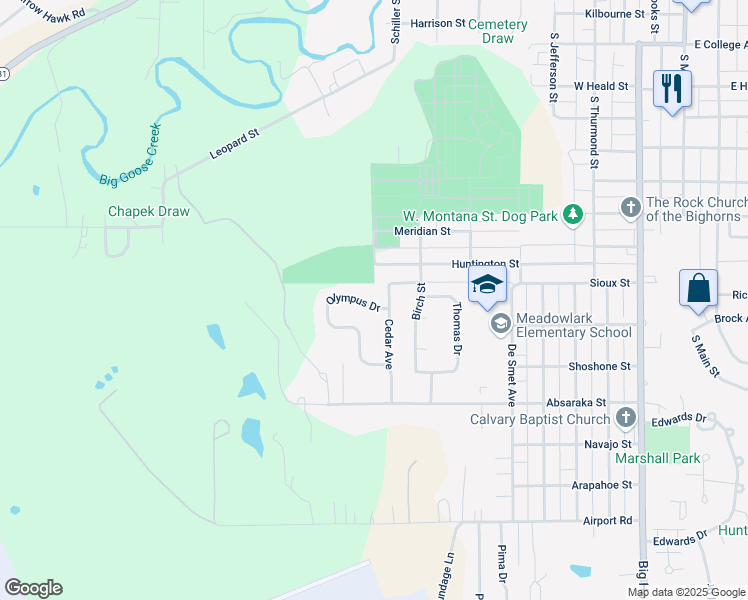 map of restaurants, bars, coffee shops, grocery stores, and more near 809 Olympus Drive in Sheridan