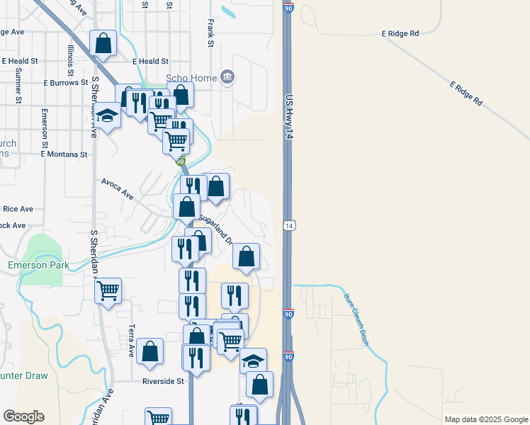 map of restaurants, bars, coffee shops, grocery stores, and more near 1325 Sugarview Drive in Sheridan