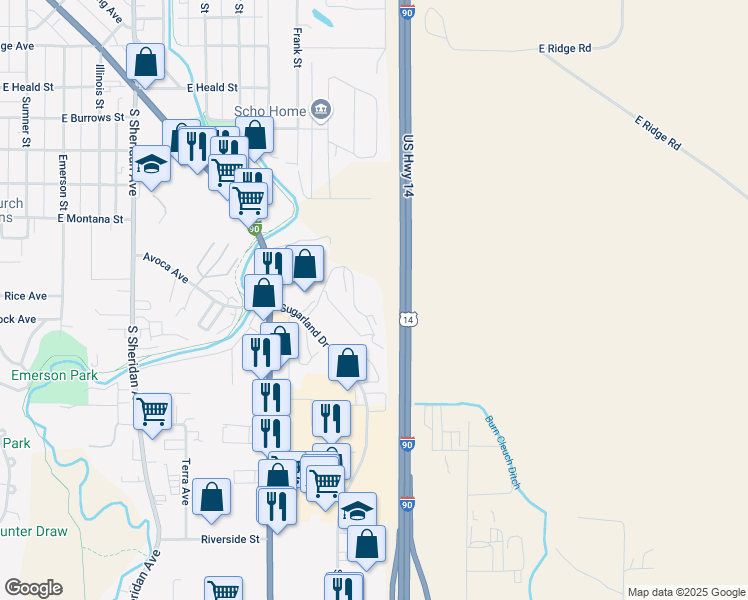 map of restaurants, bars, coffee shops, grocery stores, and more near 1325 Sugarview Drive in Sheridan