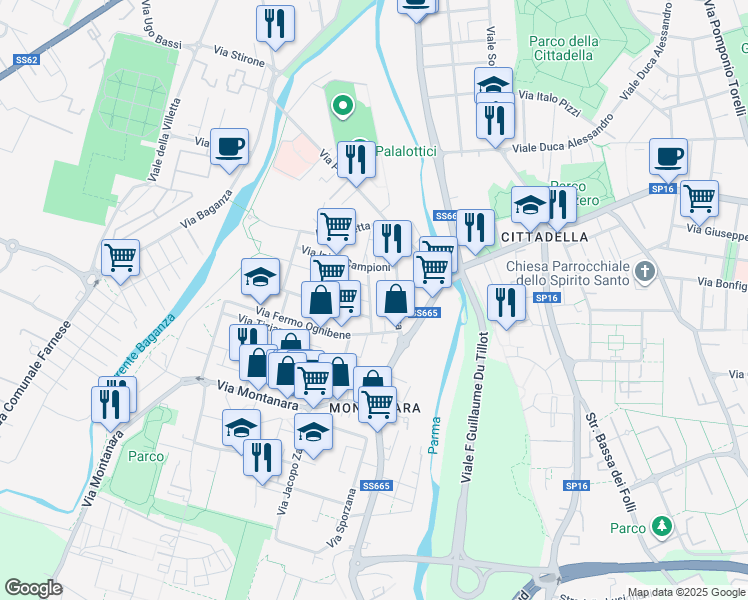 map of restaurants, bars, coffee shops, grocery stores, and more near 15 Via M. Jacchia in Parma