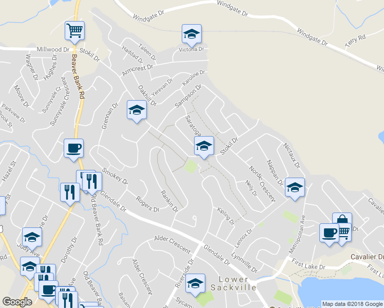 map of restaurants, bars, coffee shops, grocery stores, and more near 109 Stokil Drive in Lower Sackville