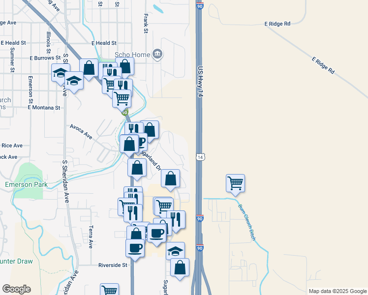 map of restaurants, bars, coffee shops, grocery stores, and more near 1341 Sugarview Drive in Sheridan