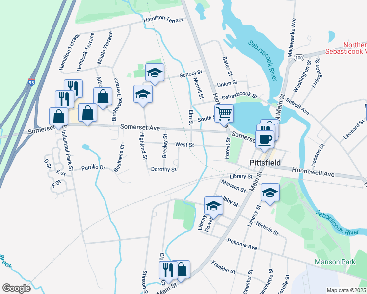 map of restaurants, bars, coffee shops, grocery stores, and more near 162 West Street in Pittsfield