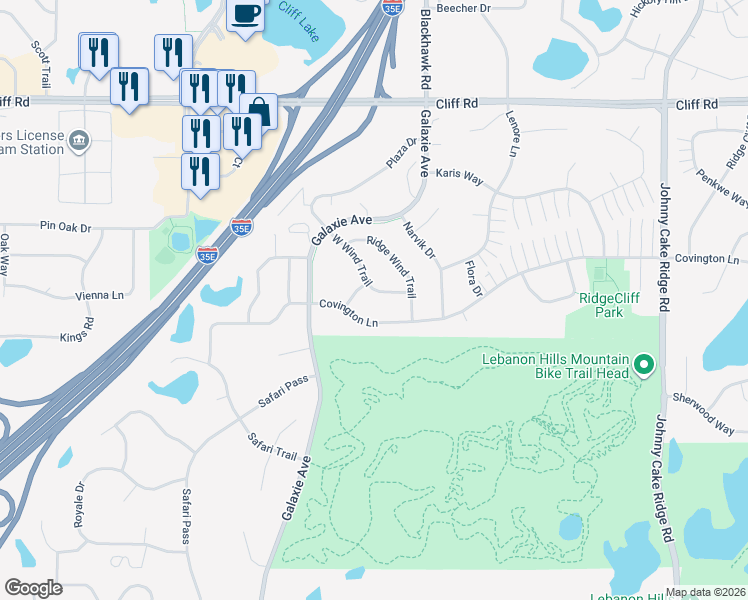 map of restaurants, bars, coffee shops, grocery stores, and more near 4741 West Wind Trail in Eagan