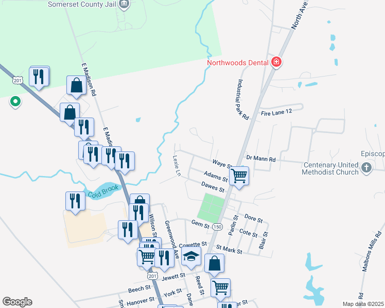 map of restaurants, bars, coffee shops, grocery stores, and more near 35 Waye Street in Skowhegan