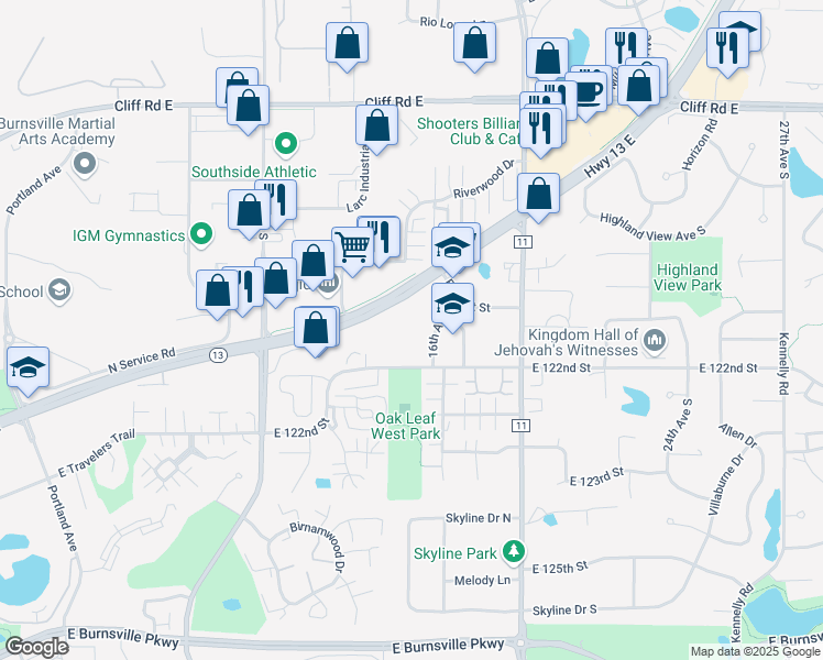map of restaurants, bars, coffee shops, grocery stores, and more near 1525 State Highway 13 in Burnsville