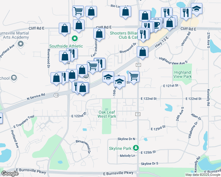 map of restaurants, bars, coffee shops, grocery stores, and more near 1525 State Highway 13 in Burnsville