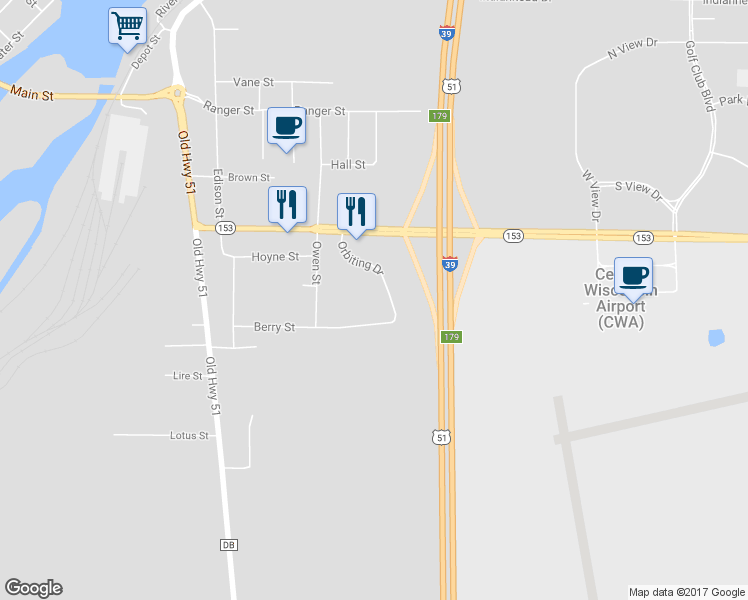 map of restaurants, bars, coffee shops, grocery stores, and more near 415 Orbiting Drive in Mosinee