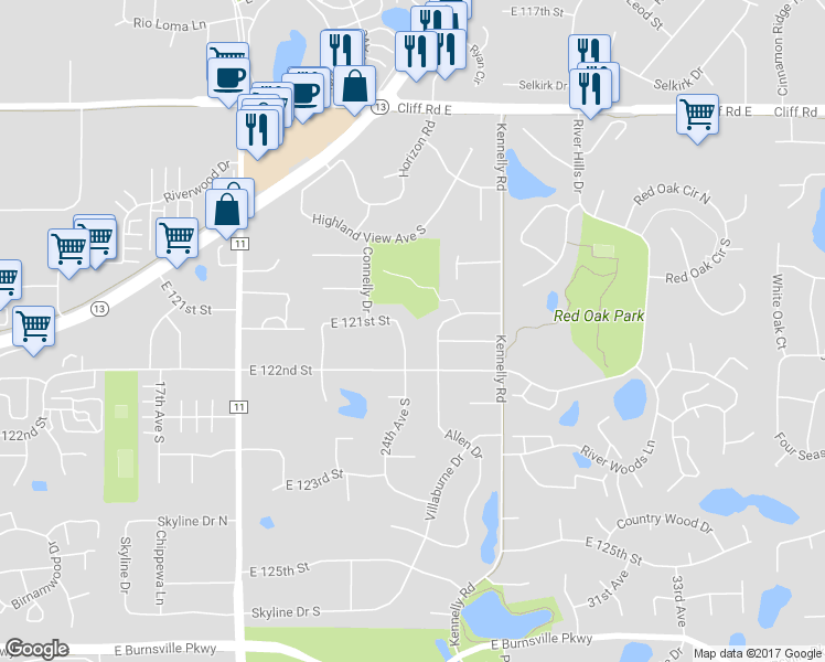 map of restaurants, bars, coffee shops, grocery stores, and more near 12105 24th Avenue South in Burnsville