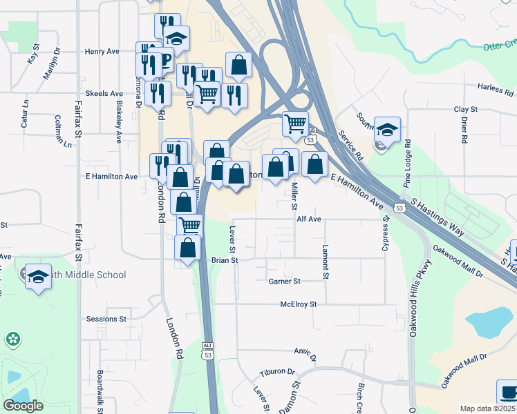 map of restaurants, bars, coffee shops, grocery stores, and more near 3220 Alf Avenue in Eau Claire