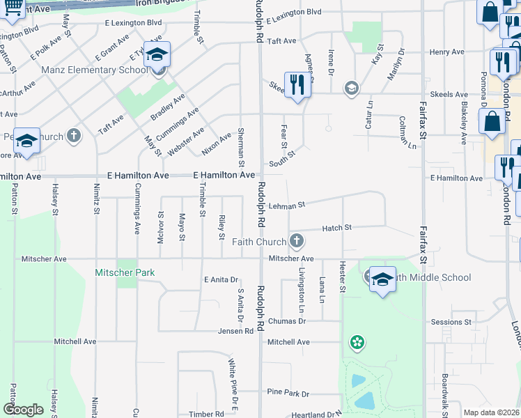 map of restaurants, bars, coffee shops, grocery stores, and more near 3355 Martenson Street in Eau Claire