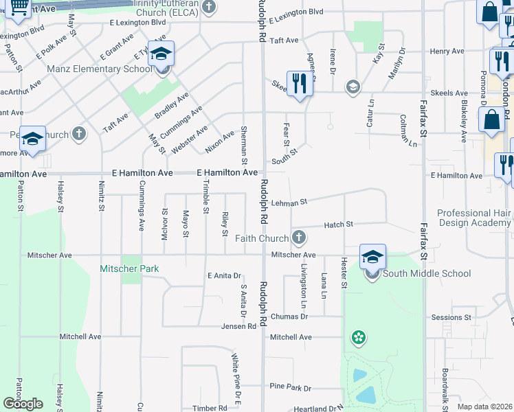 map of restaurants, bars, coffee shops, grocery stores, and more near 3358 Rudolph Road in Eau Claire