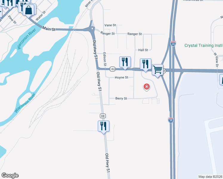 map of restaurants, bars, coffee shops, grocery stores, and more near 435 Super Street in Mosinee