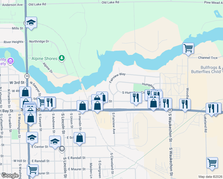 map of restaurants, bars, coffee shops, grocery stores, and more near 314 Fairview Way in Shawano