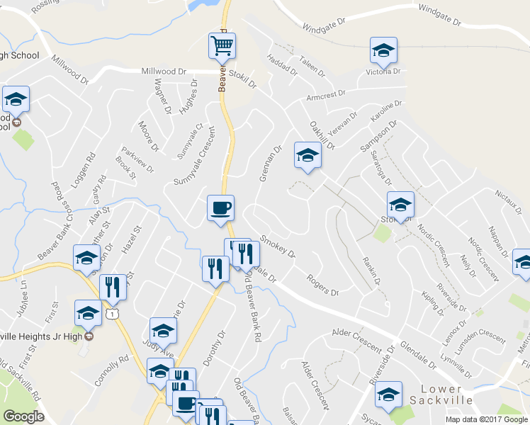 map of restaurants, bars, coffee shops, grocery stores, and more near 134B Smokey Drive in Lower Sackville