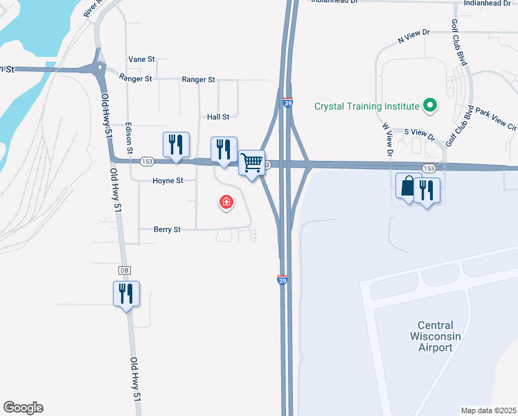 map of restaurants, bars, coffee shops, grocery stores, and more near 430 Orbiting Drive in Mosinee