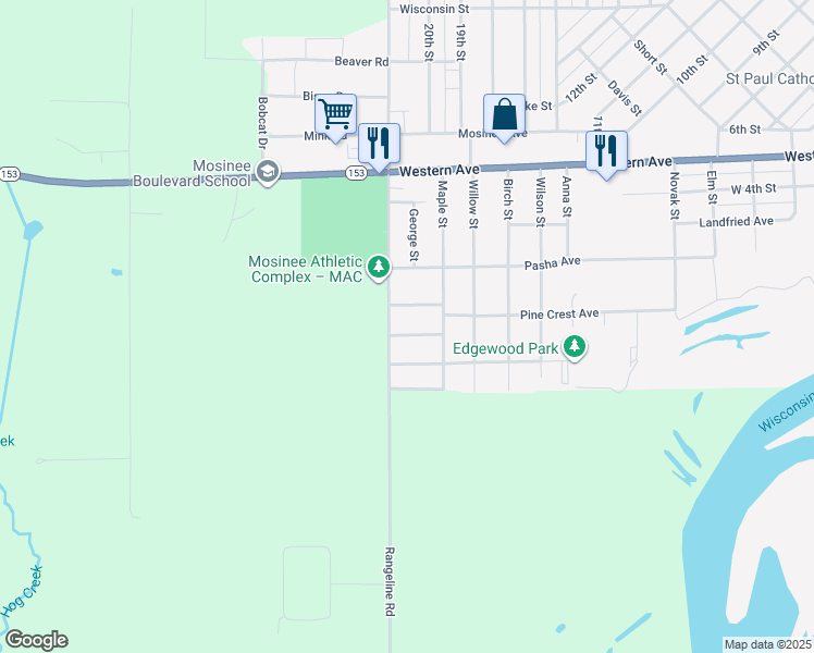map of restaurants, bars, coffee shops, grocery stores, and more near 1216 Norway Drive in Mosinee