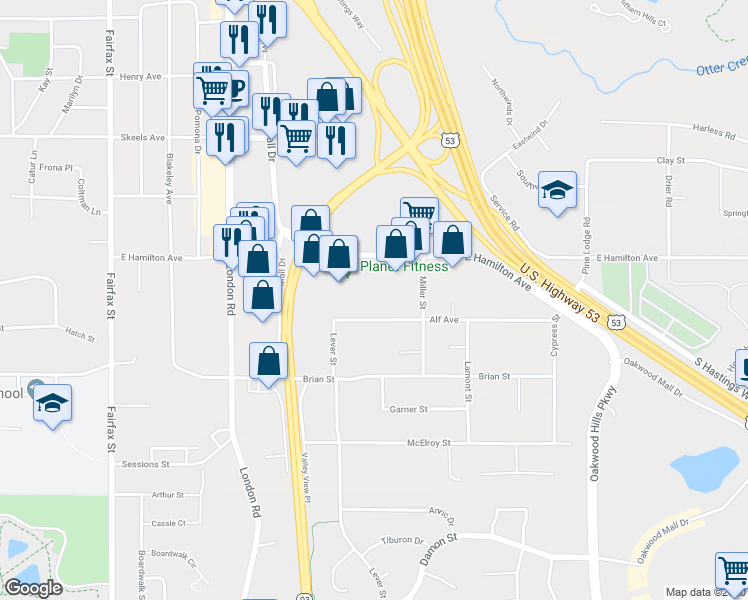 map of restaurants, bars, coffee shops, grocery stores, and more near 3114 Alf Avenue in Eau Claire