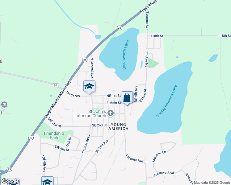 map of restaurants, bars, coffee shops, grocery stores, and more near 202 Northeast 1st Street in Norwood Young America