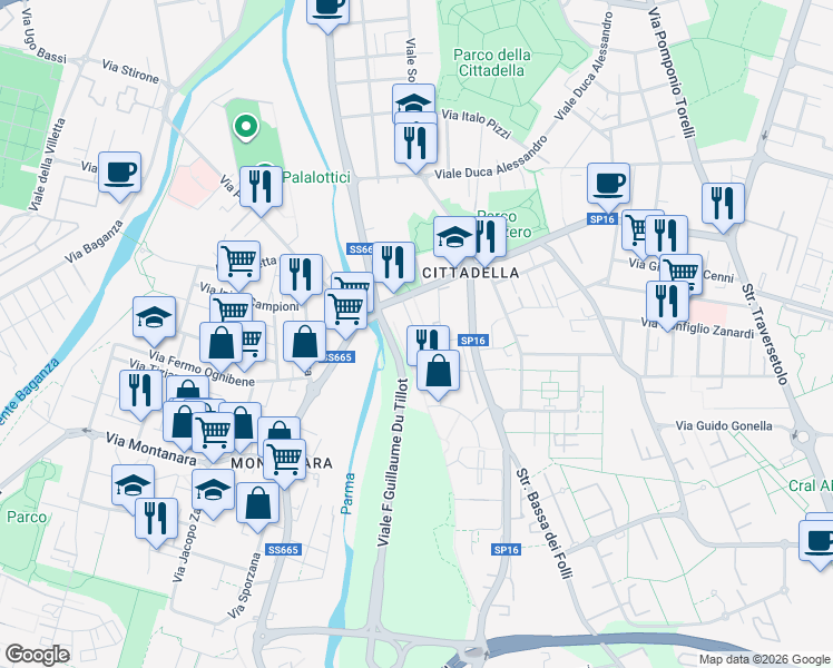 map of restaurants, bars, coffee shops, grocery stores, and more near in Provincia di Parma