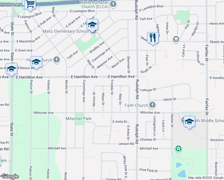 map of restaurants, bars, coffee shops, grocery stores, and more near 3350 Trimble St in Eau Claire