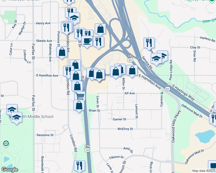 map of restaurants, bars, coffee shops, grocery stores, and more near 3220 Alf Avenue in Eau Claire