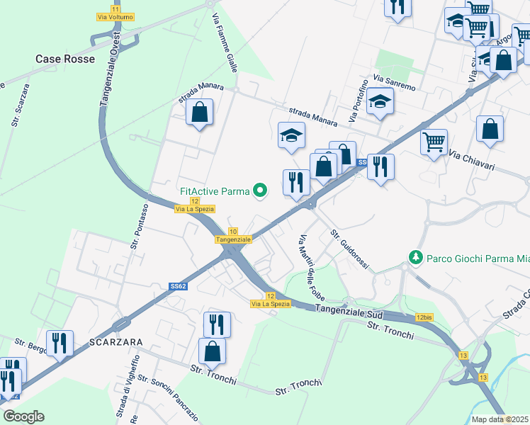 map of restaurants, bars, coffee shops, grocery stores, and more near 187 Via La Spezia in Parma