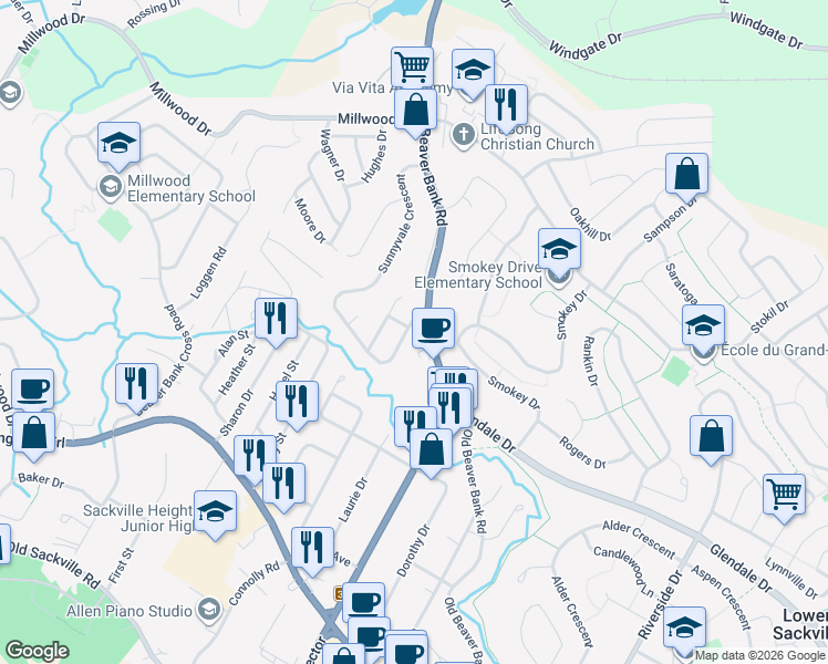 map of restaurants, bars, coffee shops, grocery stores, and more near 18 Sunnyvale Crescent in Lower Sackville