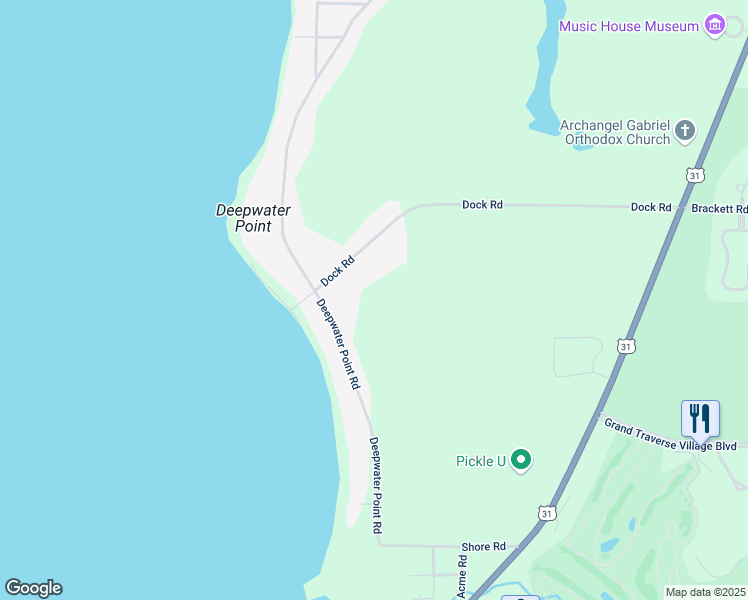 map of restaurants, bars, coffee shops, grocery stores, and more near 6434-6698 Deepwater Point Road in Grand Traverse