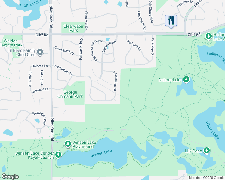 map of restaurants, bars, coffee shops, grocery stores, and more near 1306 Interlachen Drive in Eagan