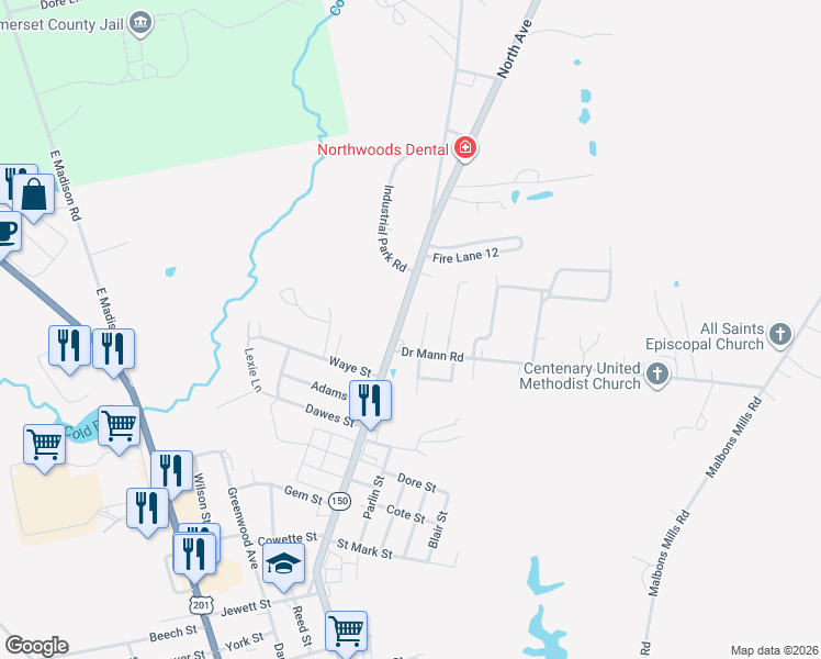 map of restaurants, bars, coffee shops, grocery stores, and more near 3 Doctor Mann Road in Skowhegan