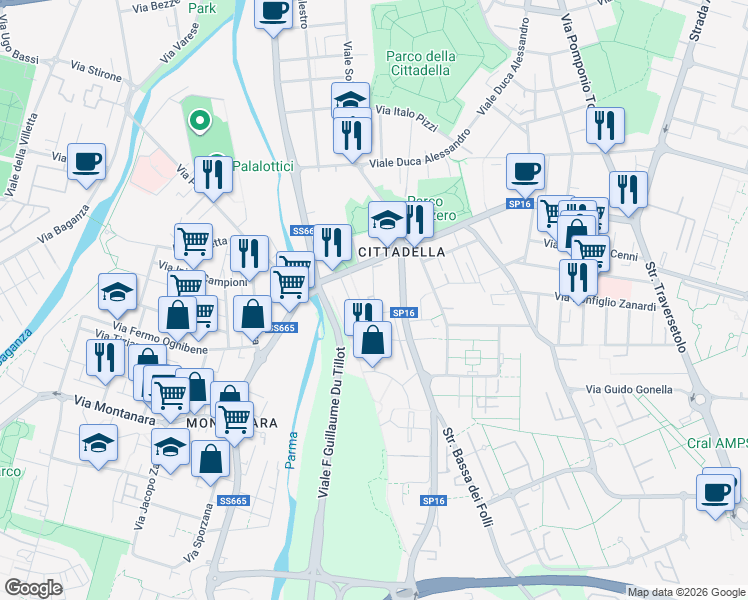 map of restaurants, bars, coffee shops, grocery stores, and more near Via Pio la Torre in Parma