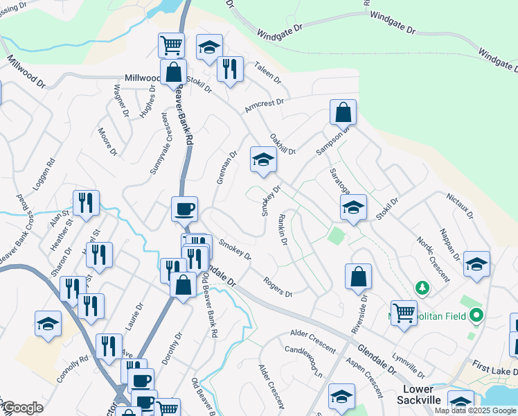 map of restaurants, bars, coffee shops, grocery stores, and more near 208 Smokey Drive in Lower Sackville