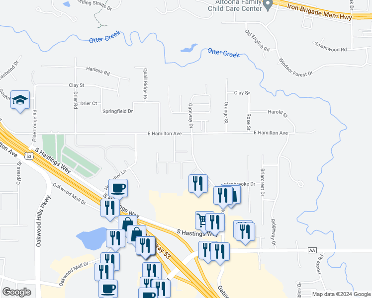 map of restaurants, bars, coffee shops, grocery stores, and more near 4810 Southridge Court in Eau Claire