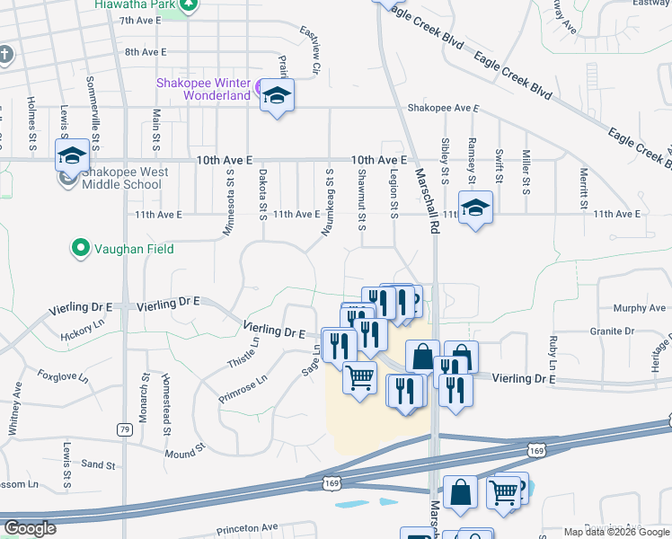 map of restaurants, bars, coffee shops, grocery stores, and more near 1272 Pioneer Lane in Shakopee
