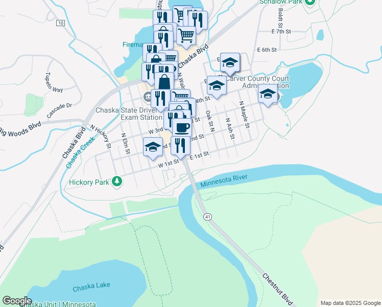 map of restaurants, bars, coffee shops, grocery stores, and more near 1 River Bend Place in Chaska