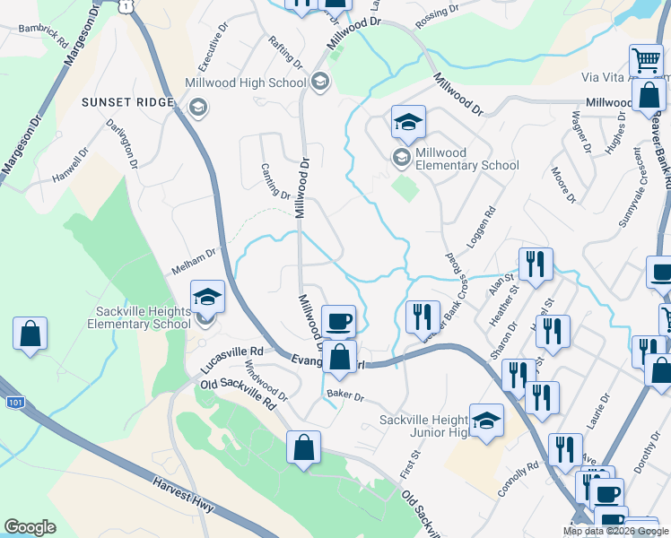 map of restaurants, bars, coffee shops, grocery stores, and more near 25 Highrigger Crescent in Middle Sackville