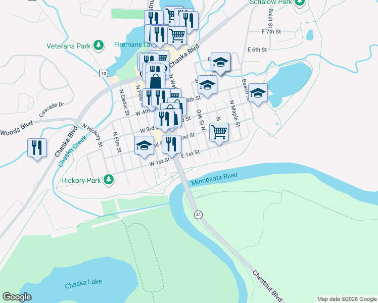 map of restaurants, bars, coffee shops, grocery stores, and more near 122 North Walnut Street in Chaska