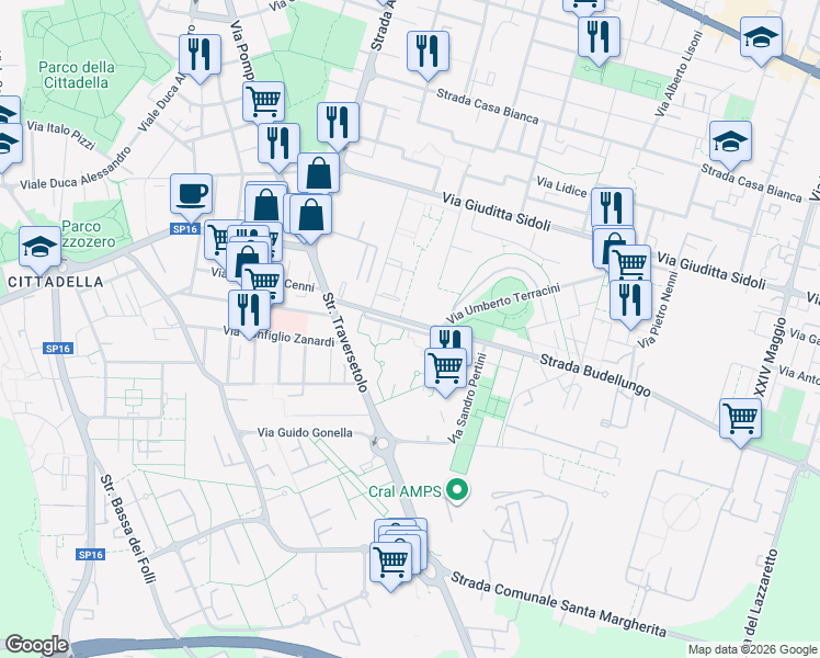 map of restaurants, bars, coffee shops, grocery stores, and more near 18 Strada Traversetolo in Parma