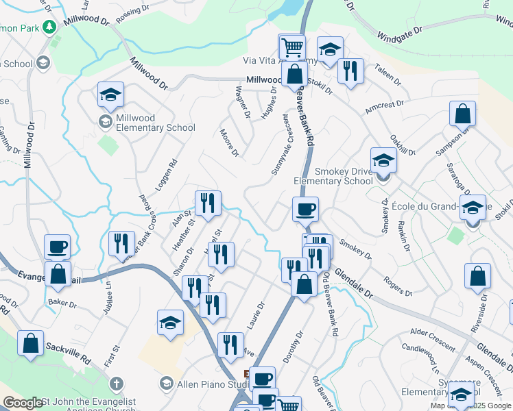 map of restaurants, bars, coffee shops, grocery stores, and more near 83 Sunnyvale Crescent in Lower Sackville