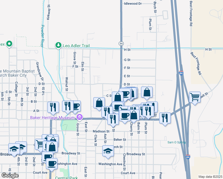 map of restaurants, bars, coffee shops, grocery stores, and more near 1320 C Street in Baker City