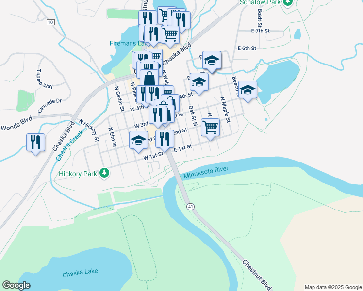 map of restaurants, bars, coffee shops, grocery stores, and more near 122 North Walnut Street in Chaska