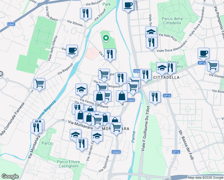 map of restaurants, bars, coffee shops, grocery stores, and more near 9-15 Via Mario Jacchia in Parma