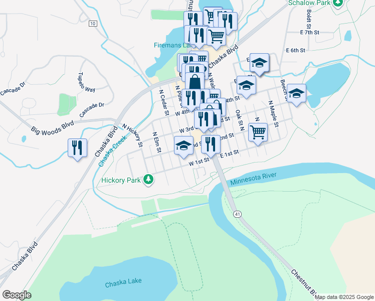 map of restaurants, bars, coffee shops, grocery stores, and more near 207 West 2nd Street in Chaska