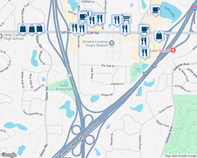 map of restaurants, bars, coffee shops, grocery stores, and more near 2099 Viburnum Trail in Eagan
