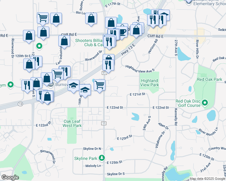map of restaurants, bars, coffee shops, grocery stores, and more near 33 Horizon Heights Road in Burnsville