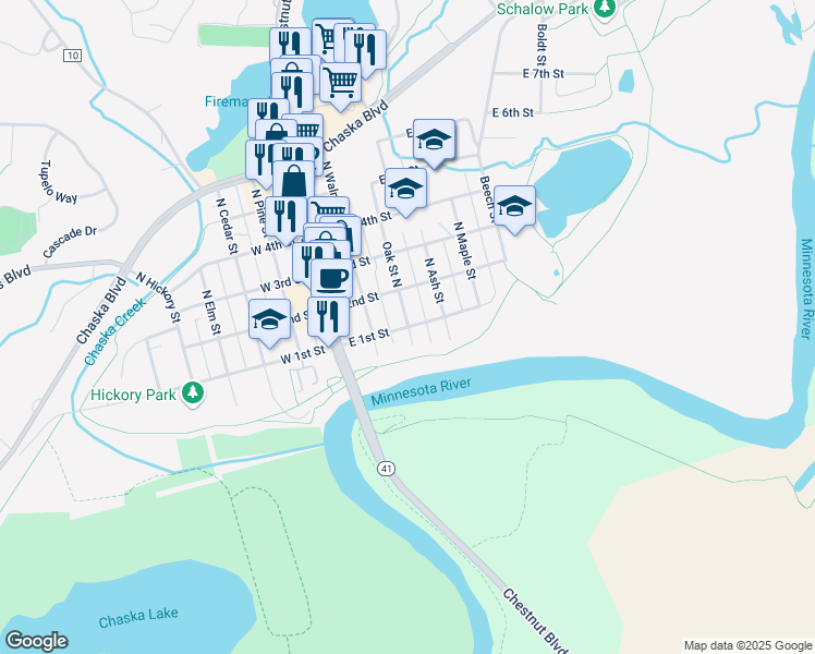 map of restaurants, bars, coffee shops, grocery stores, and more near 101 Oak Street North in Chaska